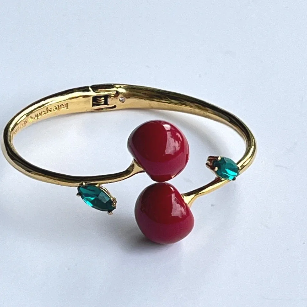 Kate Spade New York Fruity Cherry Bangle Bracelet Gold Crystal Designer Whimsy